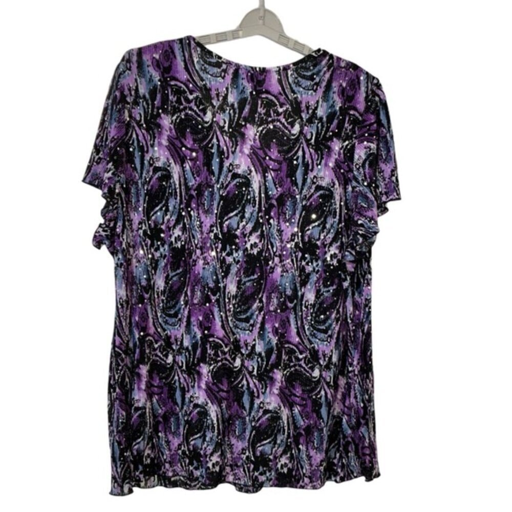 Essentials Sequin Top Beaded Flutter Sleeve Pullover Blouse Purple Teal Plus 3X - Picture 3 of 15